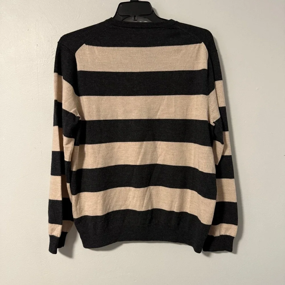 J.Crew Mens XL Italian 100% Merino Wool V-Neck Striped Sweater Charcoal Grey Tan